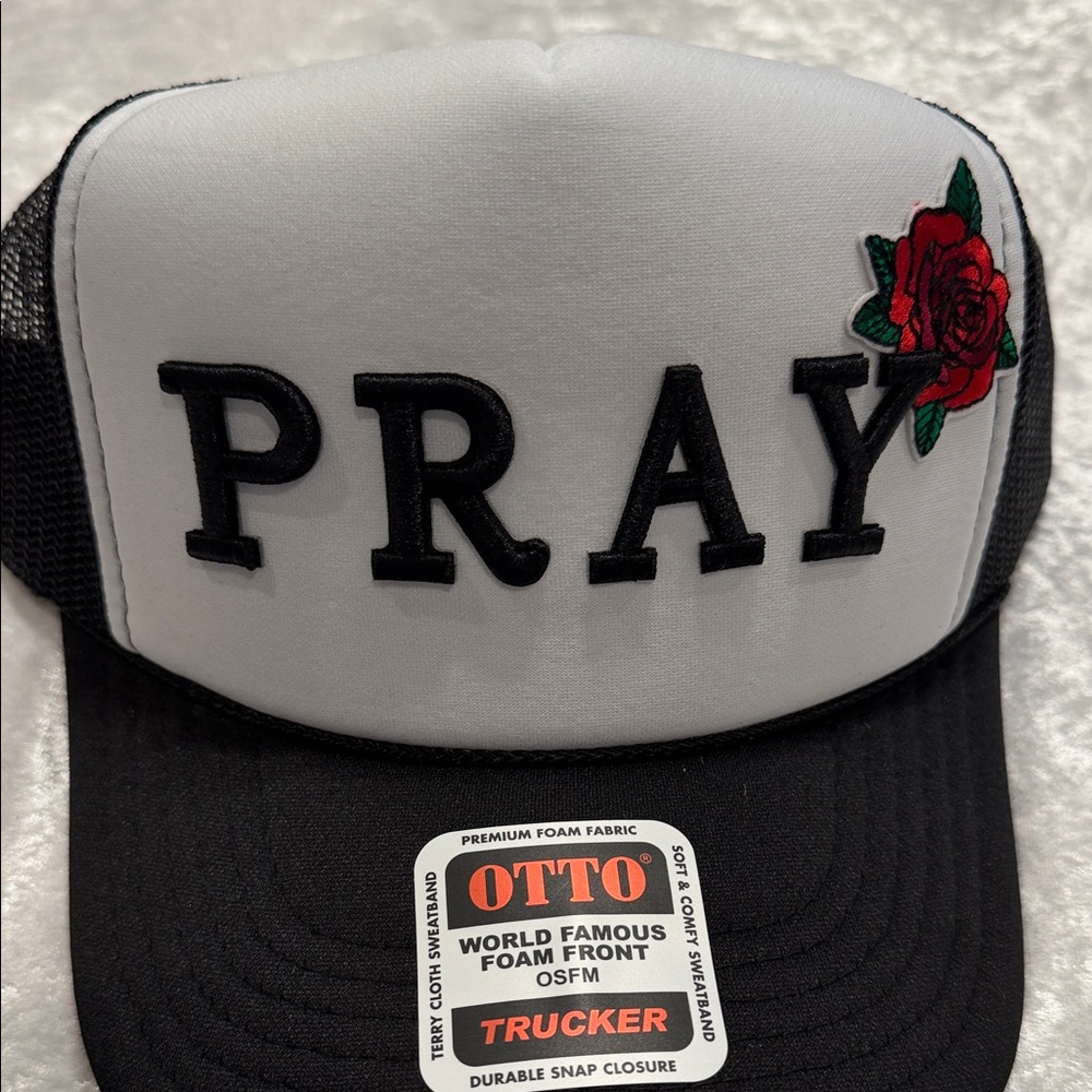 OTTO Black and White Trucker Hat with Rose Embroidery